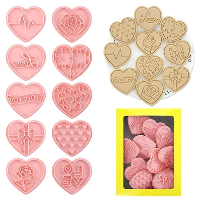 Produktbild von Herzförmiges Ausstechformen-Set, 10-teilig, rosa Kunststoff-Herz-Ausstechformen, Ausstechformen-Set für Bastelprojekte, Kerzen und Süßigkeiten.