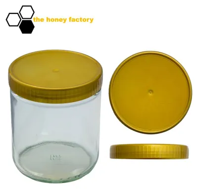 A clear product shot of a glass jar with a gold lid, presented from multiple angles.