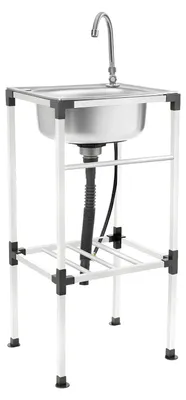 Immagine prodotto di Lavello e scarico in acciaio inossidabile, freestanding, con un unico vano. Dotato di rubinetto girevole a 360°. Include tubo di scarico con cestello filtrante. Ideale per ristoranti e cucine. Colore: argento