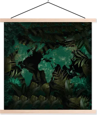 Produktbild von MuchoWow® Textilposter Weltkarte - Grün - Pflanzen 120x120 cm mit holzfarbenen Rahmen - Textil-Poster