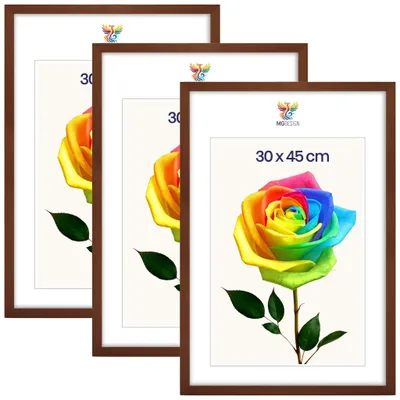 Obrázek produktu pro MG Design, sada 3 kusů rámečků na obrázky, rozměr 30 x 45 cm – rámečky na plakáty s hnědým rámem z masivního dřeva a odolným akrylovým sklem, vhodné pro vertikální i horizontální formáty, s robustním systémem pro zavěšení na zeď