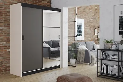 Produktbild von FurMeb24 Schiebetrenschrank RETRO 5-138x200cm Kleiderschrank mit Spiegel, 2-triger Schiebeschrank (Weiss / Graphit Antrazit + Spiegel und schwarze Beschl€ge)