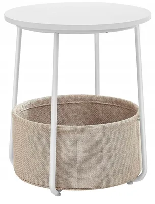 Produktbild von Runder weißer Couchtisch mit Aufbewahrungskorb, runder Tisch für das Wohnzimmer, 45 cm