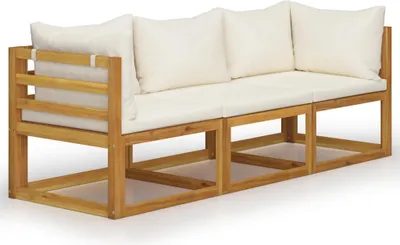A three-seater wooden outdoor sofa with cream cushions, presented against a white background.