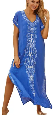Produktbild von Caftan Lockere Passform - Besticktes Blumendesign - Plus Size Kleid - Boho Strand Cover-up - Baumwollmaterial - Perfekt für den Urlaub - Strandkleid