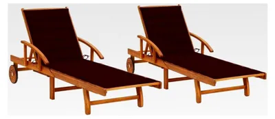Produktbild von Sonnenliege mit Auflage aus Akazienholz, Gartenmöbel, Liegestuhl, Relaxliege, 2 Sonnenliegen (Weinrot)