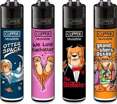 Four Clipper lighters with different otter-themed designs are displayed side-by-side against a white background.