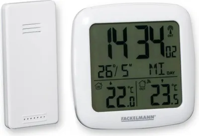 Produktbild von Fackelmann digitaler Funk-Thermometer mit Funkuhr Tecno, kabellose Funkwetterstation, Innen- und Außentemperaturanzeige, Display mit Wetteranzeige und Kalender (Farbe: Weiß)