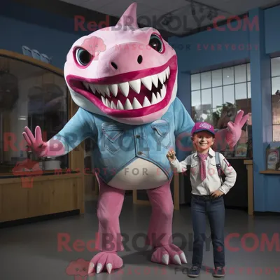 Imagen del producto de Personaje REDBROKOLY mascota de un Megalodon rosa vestido con jeans y corbatas Mom
