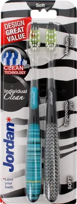 Produktbild von Jordan Individual Clean Soft – Handzahnbürsten – 2er Pack – Weiche Borsten – Große Bürstenköpfe – Für tägliche Zahnpflege