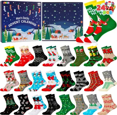 Productafbeelding van Kerstsokken aftelkalenders - Set van 24 - Kerstsokken voor heren (hoge uitvoering) - Kerstmotieven - Mannen - Vaders