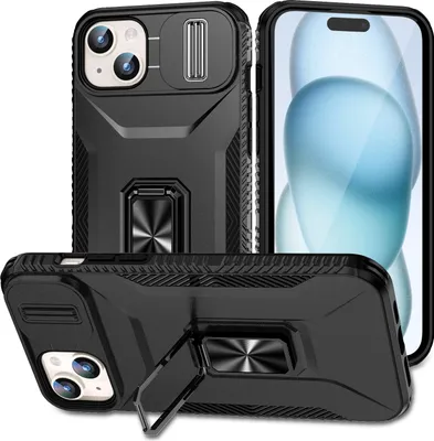 Produktbild von Handyhülle für iPhone 15 Dual Layer Hülle mit Schiebe Kamera Schutz und Ringhalter Ständer Schwarz
