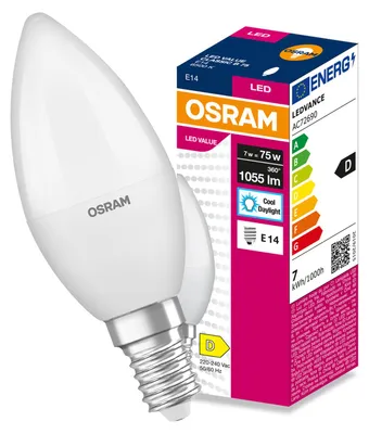 Produktbild von LED-Lampe E14, B37, "Świeczka", 7W = 75W, 1055lm, 6500K, kaltweiß, 180°, VALUE CLASSIC, Osram, KI-generiertes Bild