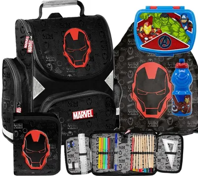 Produktbild von 5tlg AVENGERS Schulranzen set Rucksack Federtasche Sportbeutel Trinkflasche Brotdose MARVEL set fur jungen