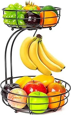 Produktbild von Bomclap Obstkorb mit Bananenhalter - 2 Stöckig Obstschale aus Metall - Küche Stehend Moderne Obstschalen - Dekorativer Gemüsekorb Obstschale - Braun