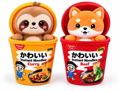 Produktbild von Kawaii Nudelbecher Plüsch Kuscheltier 2er Set 17 cm Faultier & Fuchs