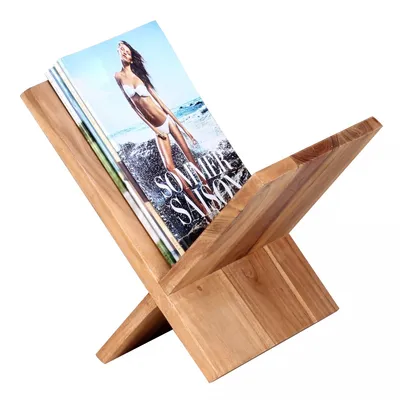 Produktbild von WOHNLING Zeitungsständer MUMBAI Massivholz Akazie X-Form 31 cm Zeitschriften-Ständer Design Prospekt-Halter Landhaus-Stil Buchständer