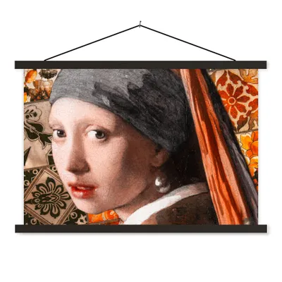 Produktbild von MuchoWow® Textilposter Das Mädchen mit dem Perlenohrring - Vermeer - Collage 60x40 cm mit schwarzem Rahmen - Hölzernes