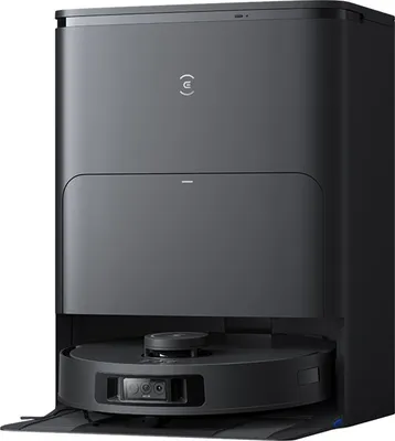 A black robot vacuum cleaner with its charging and docking station.
