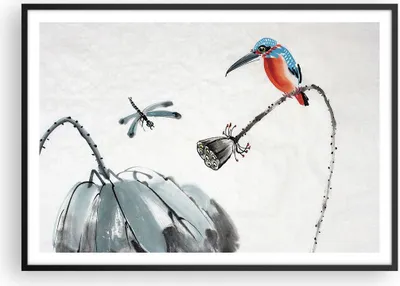 Produktbild von Gerahmtes Poster - Schwarzer Rahmen - Libelle Vogel Blume - 100x70 cm - Wand Bild - Wanddeko - Wandbilder - Kunstposter - Wandposter - Bilderrahmen - Bilder - Kunstdruck - Wandbild - P2BAA100x70-4361