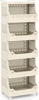 Image de COSTWAY Chariot à roulettes pliable, 6 étagères Chariot de salle de bain avec poignée & crochets, Chariot de rangement, Chariot d'appoint en plastique, Chariot panier à linge