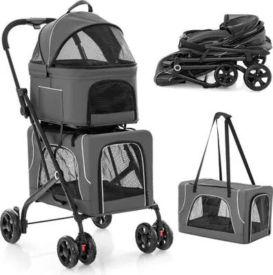 Produktbild von 3-in-1-Hundebuggy mit Netzfenstern und Stauraum, Grau
