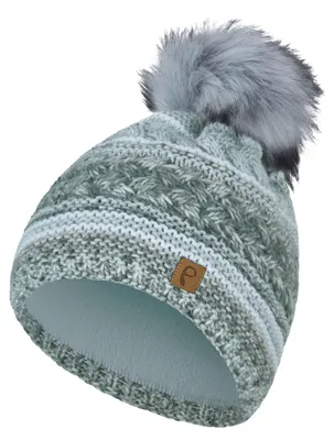 Produktbild von Faera Bommelmütze gestreift mit Kunstfell-Bommel und Fleece Innenfutter One Size