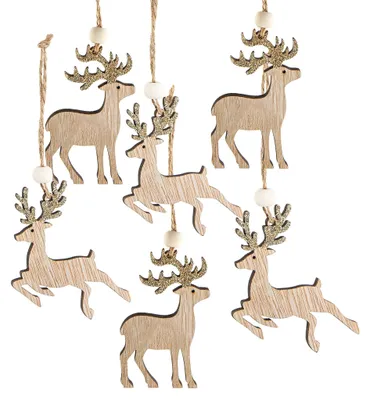 Produktbild von 6 Hirsch Rentier Holz Anhänger Weihnachten natur gold 7 cm