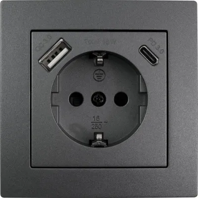 Zdjęcie produktu dla Gniazdo McPower "Flair" ze stykiem uziemiającym, 1x USB-C - 18W Quickcharge - 1x USB-A, antracytowe, matowe
