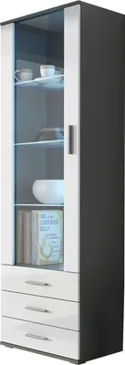 Produktbild von Standvitrine Vitrinenschrank SOHO SH1G grau / weiß hochglanz Glasvitrine mit 3 Schubladen 60 x192 x 41cm