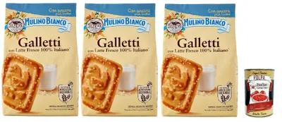Produktbild von Mulino Bianco Biscotti Frollini Galletti, Kekse Mit frischer Milch 100% Italienisch, Ohne Palmöl, Frühstück voller Geschmack, 3x 350 g + Italian Gourmet polpa 400 g
