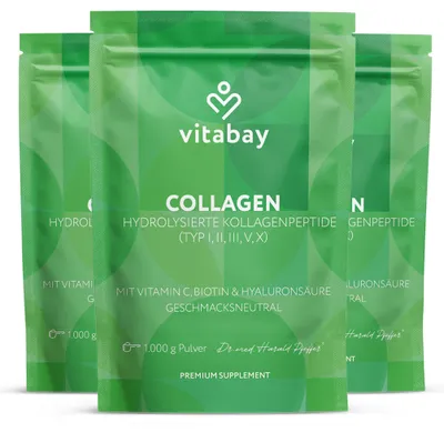 Produktbild von Vitabay Kollagen Pulver Komplex 3x1 kg Hochdosiert – 3er-Pack – Bioaktive Collagen Hydrolysat Peptide Typ 1, 2, 3, 5, 10
