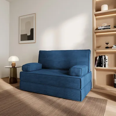 Produktbild von Masseno Schaumstoffsofa LADIA mit Schlaffunktion, Schlafsofa, Wohnzimmersofa, Couch, Sofa, Bettsofa, Kordstoff – Blau POSO 05