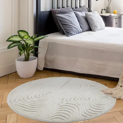 Produktbild von Teppich Rund - 120 cm - Creme - Geometrisches Muster - Allergikerfreundlich - Leicht zu Reinigen - Boho Design