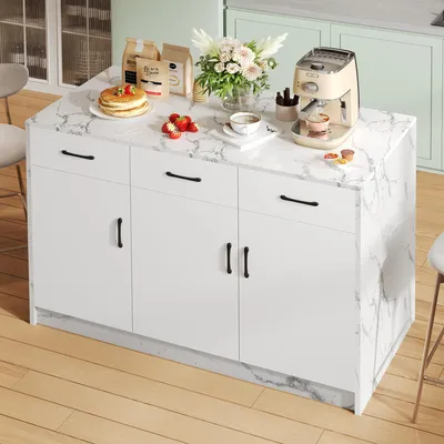 Image de OKWISH Îlot de Cuisine - Desserte Cuisine avec 3 Tiroirs Silencieux, 3 Portes et Étagères Réglables, Plateau Marbre, 120x60x90,5 cm, Blanc