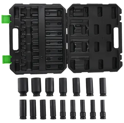 Zdjęcie produktu dla Zestaw kluczy nasadowych z głębokim korpusem – nasadki udarowe z napędem 12,7 mm – 16-częściowy – 10–32 mm (metryczne) – sześciokątne – stal chromowo-wanadowa