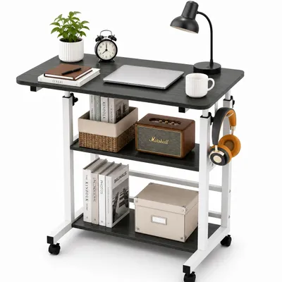 Produktbild von Mobiler Betttisch mit Rollen 40 × 80 × 56–82 cm, Höhenverstellbarer Laptop Pflegetisch, 3 Ebenen, Stabiler H-Stahlrahmen, Feststellbare Räder, Schwarz