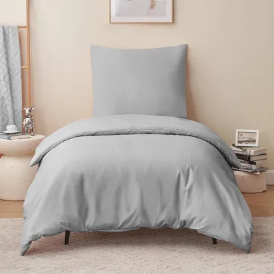 Obrázok produktu pre Sada posteľnej bielizne 140x200 cm, 2-dielna, svetlosivá, vyrobená z mikrovlákna, s zipsom a systémom na upevnenie prikrývky