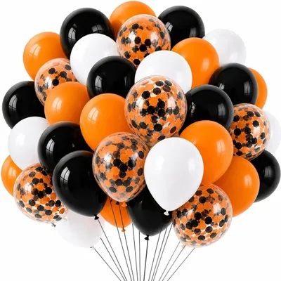 Zdjęcie produktu dla Balony na Halloween, 50 sztuk, średnica 35 cm, pomarańczowe, czarne i białe z konfetti. Balony lateksowe, nadają się do napełnienia powietrzem i helem. Dekoracje na imprezę, idealne do girland i tła fotograficznego