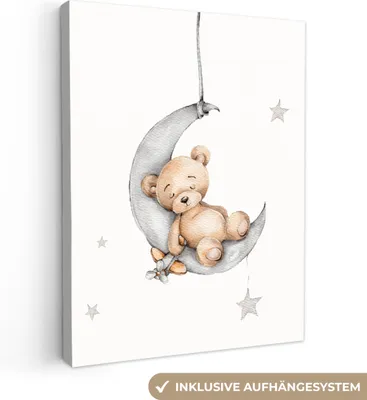 Produktbild von MuchoWow® - Leinwandbilder - Bär - Mond - Sterne - Kinder, Wandbild, Wanddeko Bilder Wohnzimmer, 60x80 cm