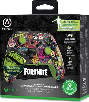 Obrázek produktu pro XB Controller – výhody kabelového ovladače pro hru Fortnite, včetně osvětlení a animace "Moon bounce". Fortnite