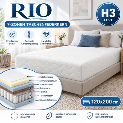 Produktbild von Taschenfederkern Matratze RIO 120x200x21 cm, 7 Zonen, Härtegrad H3, mit Bezug