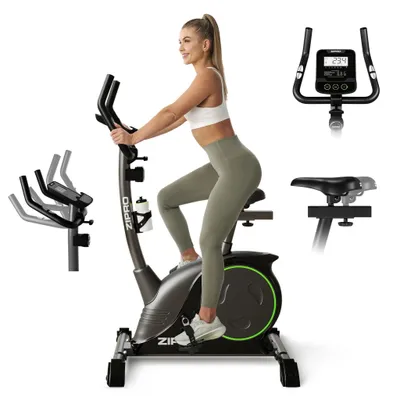A woman is using a stationary exercise bike, with inset images showing details of the bike.