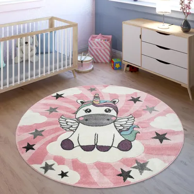 Produktbild von TT Home Kinderteppich Mädchen Spielteppich Niedliches Einhorn Wolken In Rosa Weiß Lila Größe 200 cm Rund