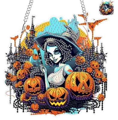 Productafbeelding van Diamantverfset Heks, Halloween, knutselset voor kinderen en volwassenen, raamdecoratie, wanddecoratie