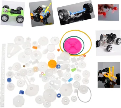 Image de Ensemble de 85 pièces comprenant des engrenages en plastique, des broches, des poulies, des manchons d'arbre et des modèles DIY à construire soi-même.