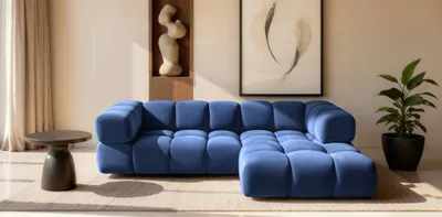 Productafbeelding van Designbank BLANCHE, stoffering Bluvel, blauw, met chaise longue aan de rechterkant