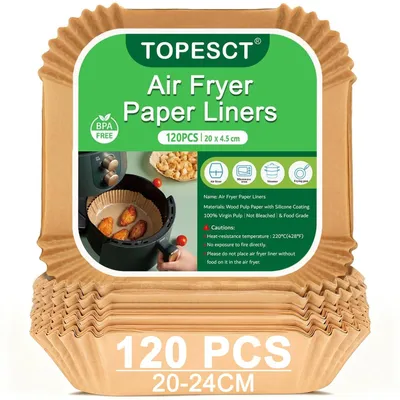 Productafbeelding van TopEsc Airfryer bakpapier, 20x20 cm, accessoire voor heteluchtfriteuses, geschikt voor manden van 4,5-8 liter