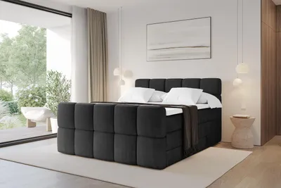 Produktbild von ALTDECOR Boxspringbett mit Fußteil - H3/H4 Matratze und Topper - FAMA-Z KING - 160x200 - Schwarz - Doppelbett, Boxbett, Polsterbett mit Bettkasten mit Stauraum und Kopftei