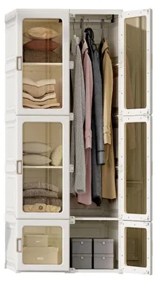 Immagine prodotto di Armadio pieghevole, dimensioni 170x69x50 cm, con asta appendiabiti, 8 cassetti, ante scorrevoli con porta magnetica trasparente, in plastica, colore bianco
